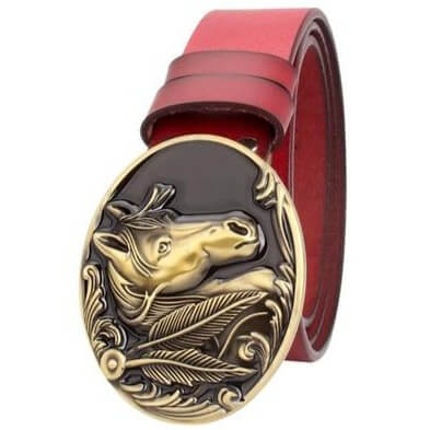 Red Cowhide Western Belt with Gold Buckle