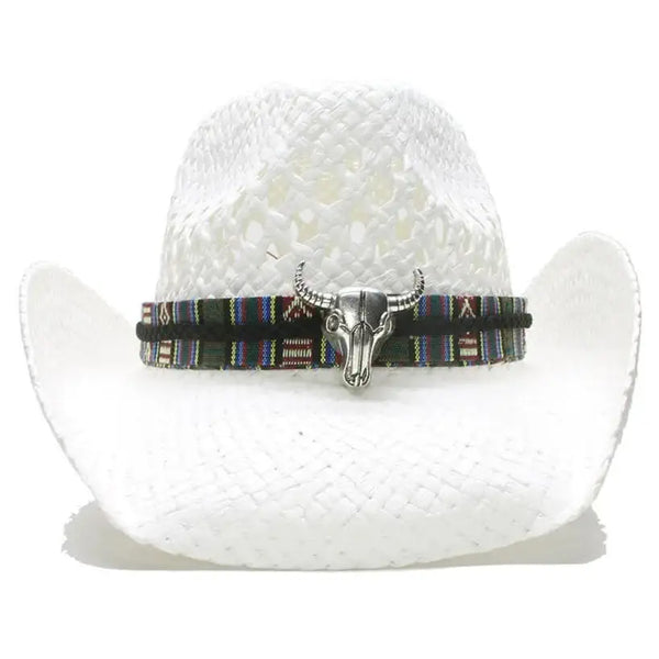 White Straw Cowboy Hat with a Bull Skull