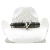 White Straw Cowboy Hat with a Bull Skull