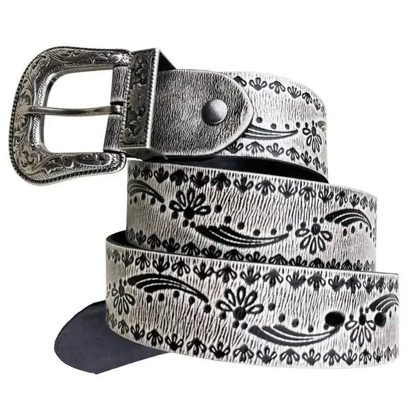 White Engraved Western Belt