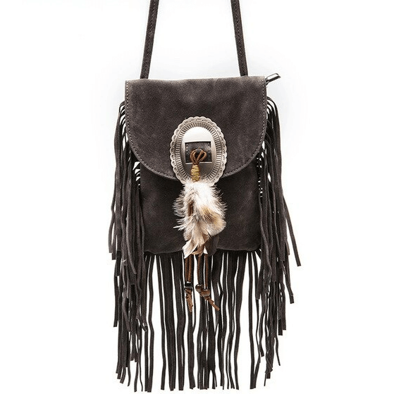 Gray Western Crossbody Bag with Fringe